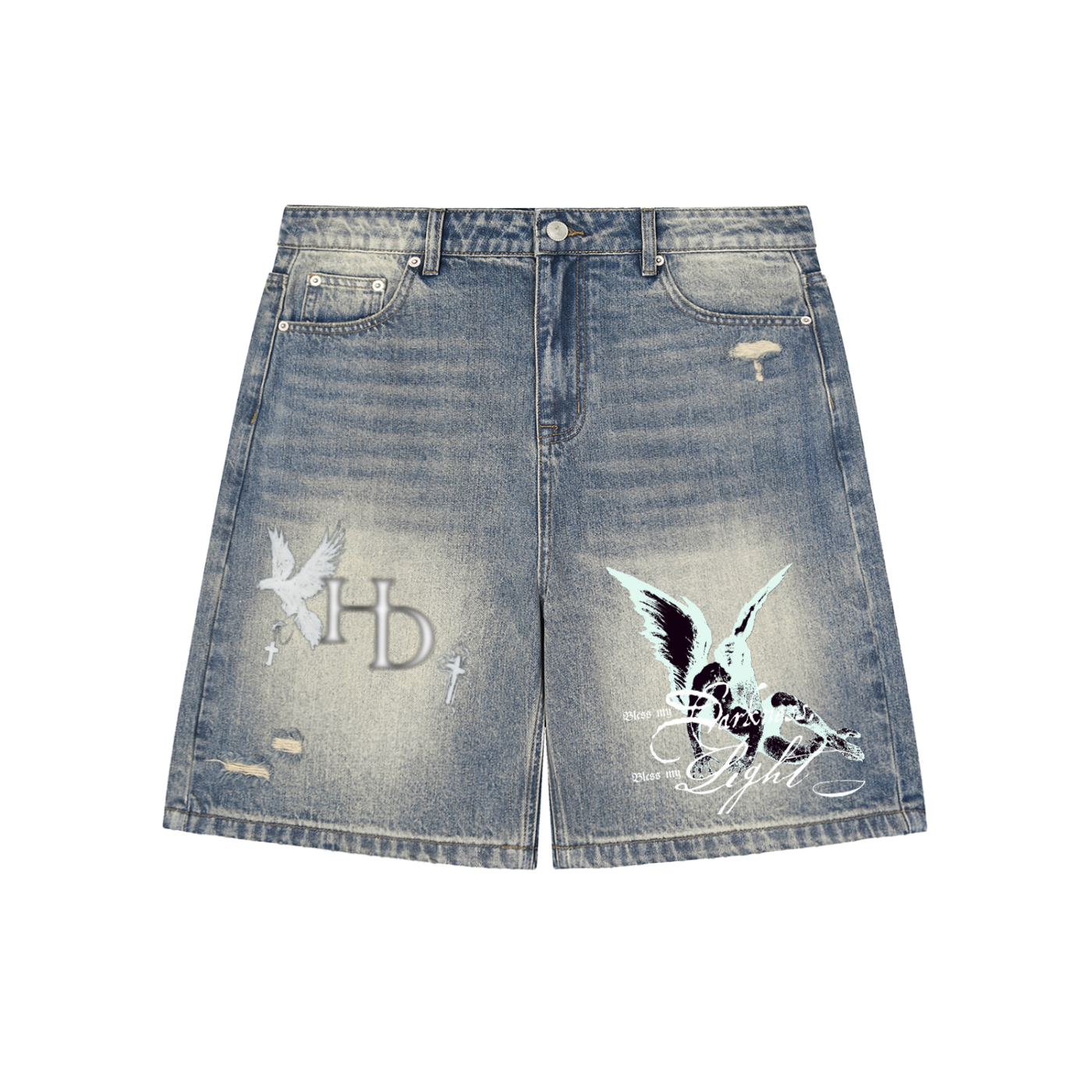 “Judged By God” Faded Distressed Baggy Denim Jorts